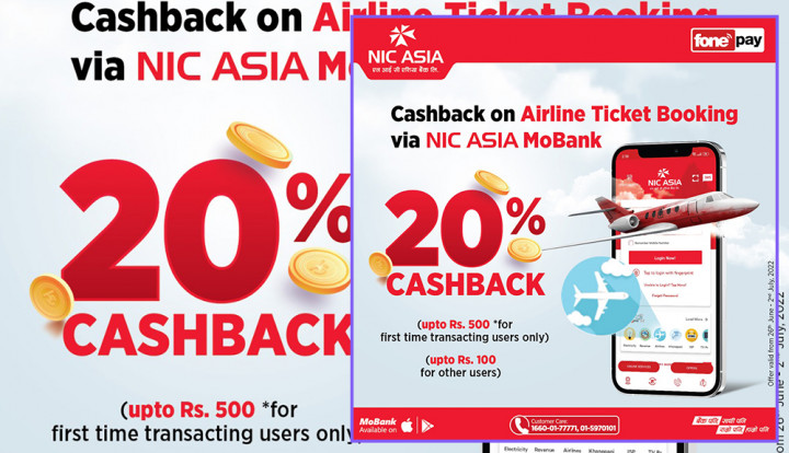एनआइसी एशिया बैंकको मोबाइल एपमार्फत एयरलाइन्स टिकट बुकिङमा २० प्रतिशत ‘क्यासब्याक’
