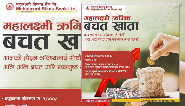 महालक्ष्मी विकास बैंककाे ‘महालक्ष्मी क्रमिक बचत खाता’ : १ हजारमै मुद्दतिको व्याजदर