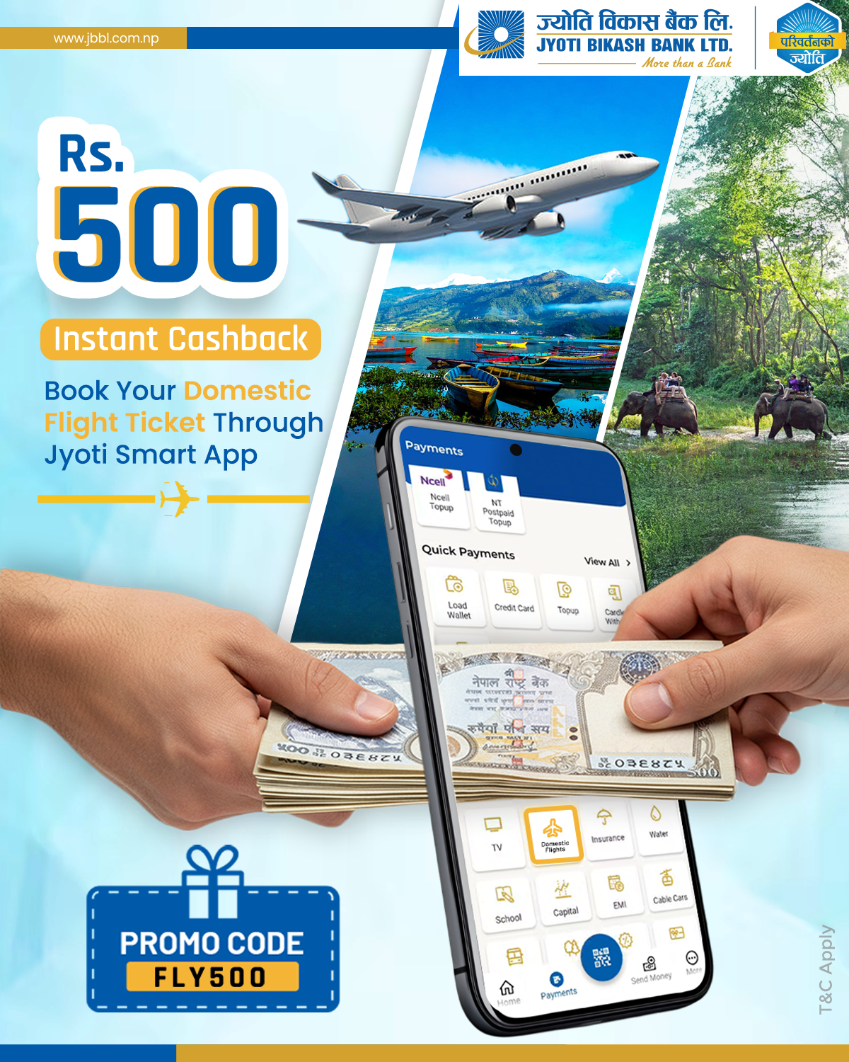 ज्योति विकास बैंकको मोबाईल बैंकिङ्ग App बाट हवाई टिकट खरिदमा ५०० क्यासब्याक