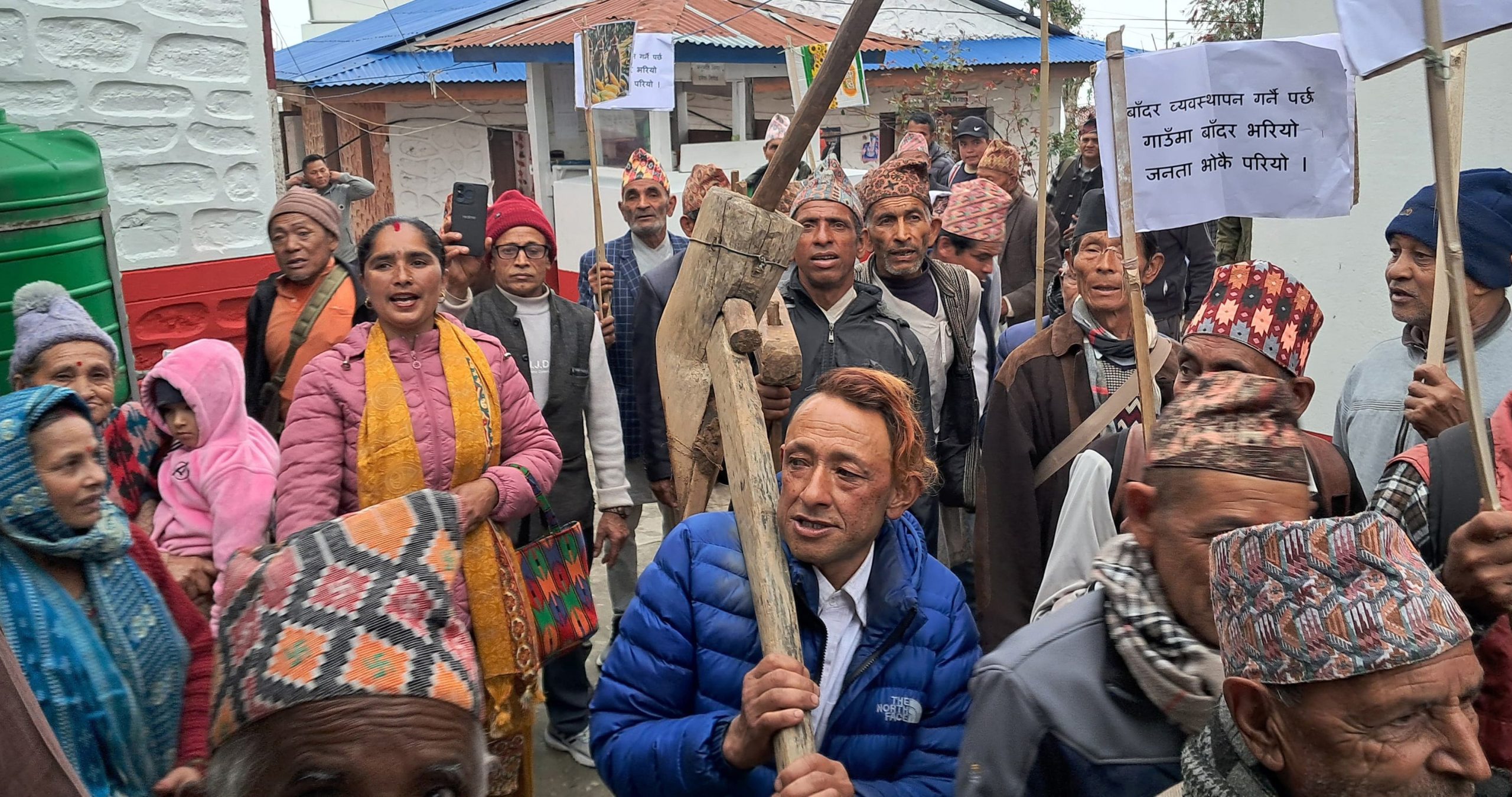 बाँदरपीडित किसानद्वारा कृषि औजारसहित प्रदर्शन