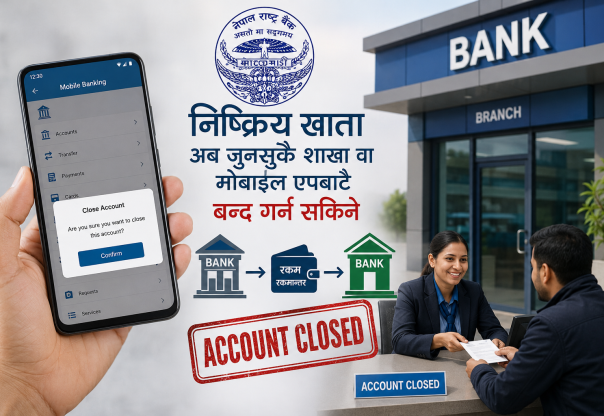 निष्क्रिय बैंक खाता अब जुनसुकै शाखा वा मोबाइल एपबाटै बन्द गर्न सकिने