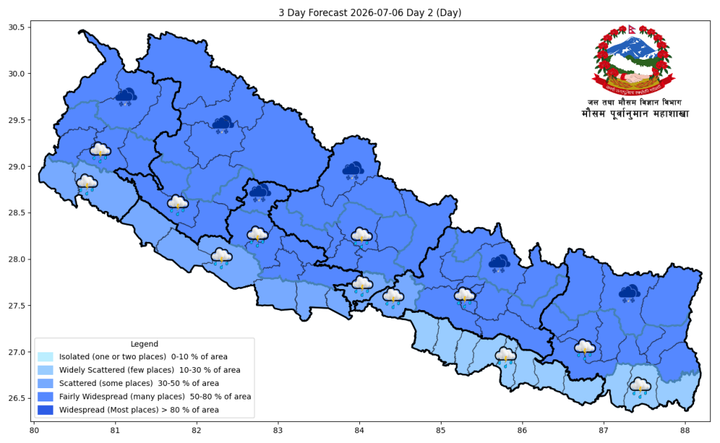 आजको मौसमः देशैभर बादल लाग्ने, मध्यम वर्षाको सम्भावना