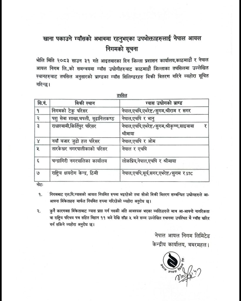 खाना पकाउने ग्यास सहज बनाउन काठमाडौंका ७ स्थानबाट बिक्री हुने