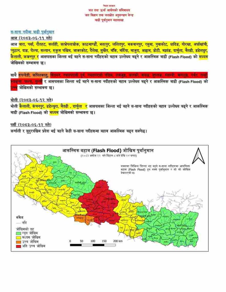 कर्णालीका पाँच जिल्लामा आकस्मिक बाढीको मध्यम जोखिम